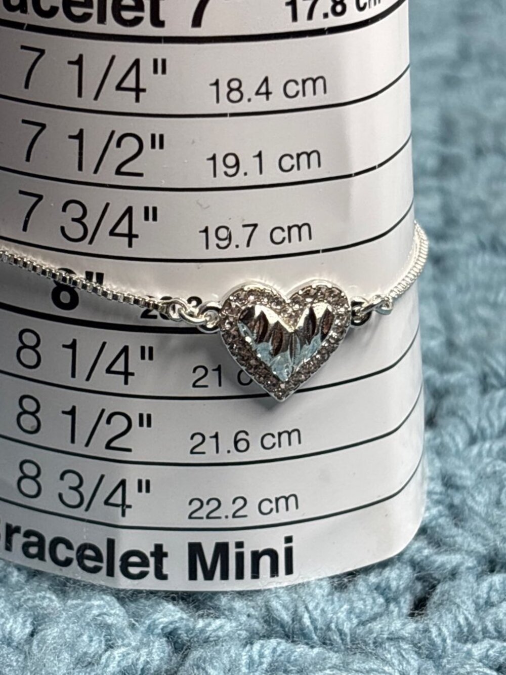 Silvertone Heart Adjustable Bracelet Textured Clear Rhinestones Box Chain